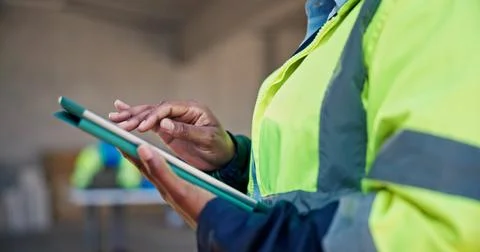 Engineer, scroll and hands with tablet, construction and plan for renovatio.. Stock-Fotos