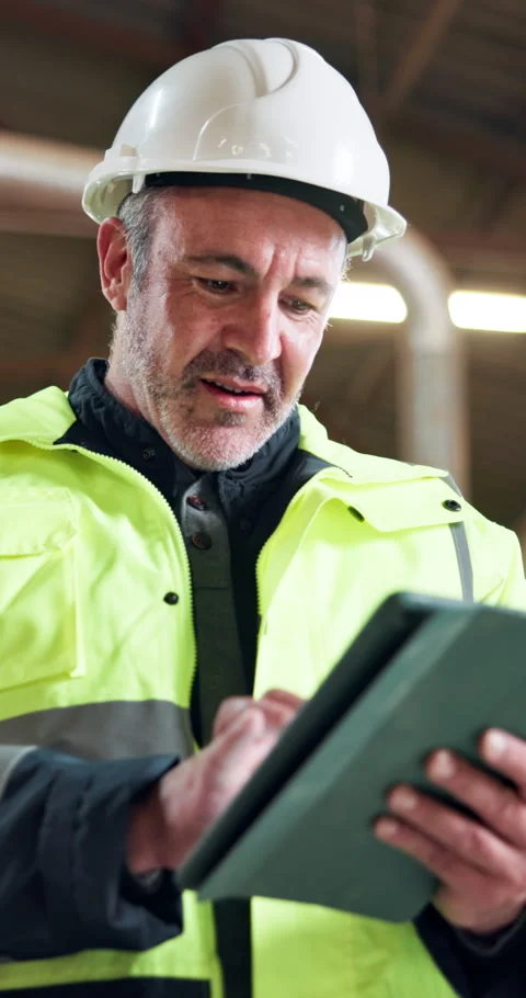 Engineer, scroll and man with tablet on construction site, online and reading Stock Footage 348193163