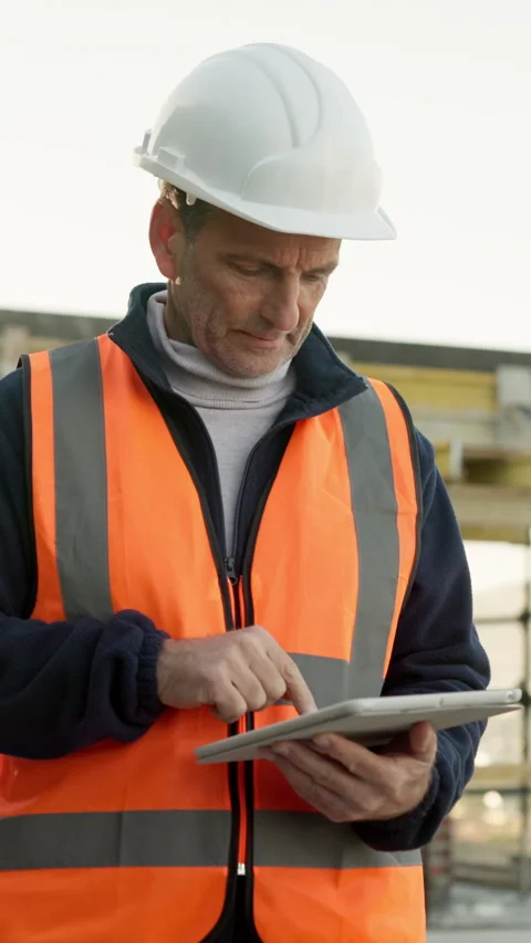 Engineer, scroll and tablet with man at building for property, architect and Stock Footage 340908168