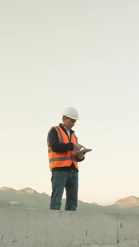 Engineer, scroll and tablet with man on rooftop for property, architect and real Stock Footage 340970709