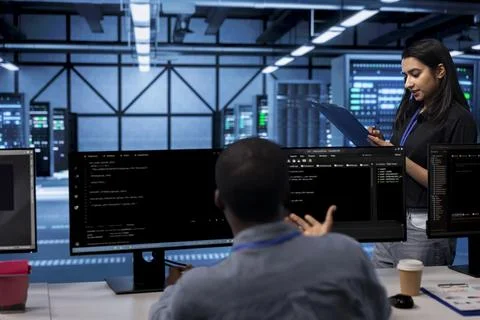 Engineer in server farm checking recovery plan, monitoring data center Stock Photos