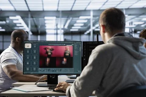 Engineer in server hub coding AI program turning text prompt into photos Stock Photos