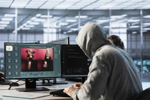 Engineer in server hub coding AI program turning text prompt into photos Stock Photos