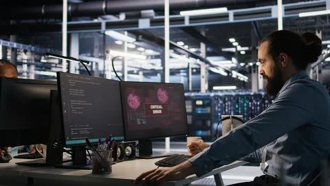 Engineer in server hub dealing with unexpected system error alert Stock Photos