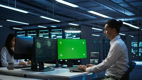 Engineer in server hub using green screen PC to stop hacker 写真素材