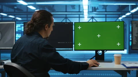 Engineer in server hub using mockup PC to repair equipment storing datasets Stockbeeldmateriaal 276194894