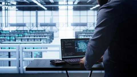 Engineer in server hub works with artificial intelligence computerized model 스톡 사진