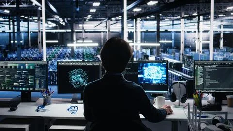 Engineer in server room using AI to review infrastructure diagnostics on devices Stock Photos