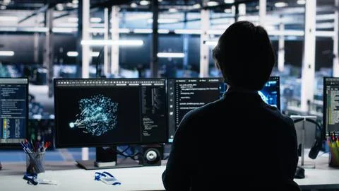 Engineer in server room using AI to review infrastructure diagnostics on devices Stock Photos