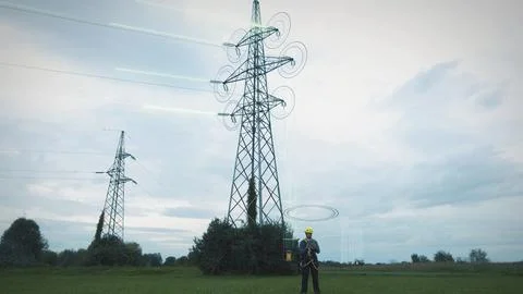 Engineer servicing electrical pylon with device. Graphic of electric current Foto stock