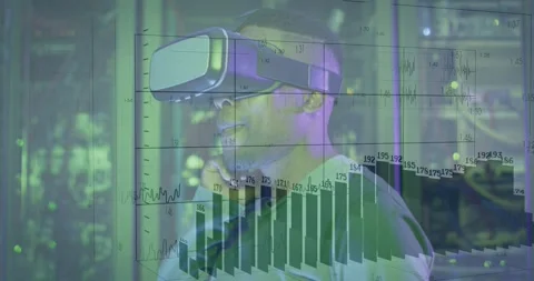 Engineer settling VR headset in data center summoning grid graphs and bar charts Stock Footage 317741200