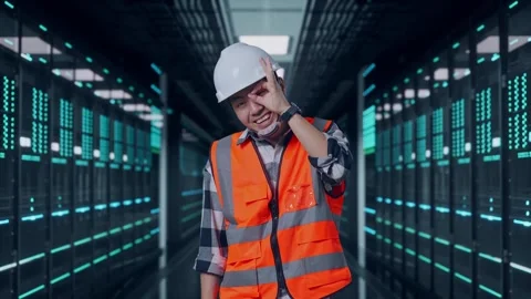 Engineer Showing Ok Hand Sign Over Eye And Smiling in Data Center Video stock 321990790