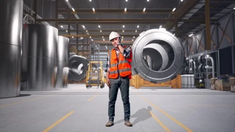 Engineer Showing Ok Hand Sign Over Eye And Smiling at Heavy Factory Stock Footage 340821170