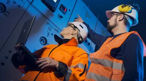 Engineer shows switchboard to inspector in control room Stock Photos