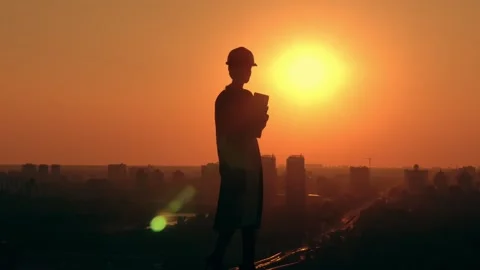 Engineer silhouette city sunset Stock Footage 339685171