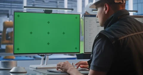 Engineer sitting at Desk with Chroma Key Green Screen Displays in Smart Plant Stock Footage 344389158