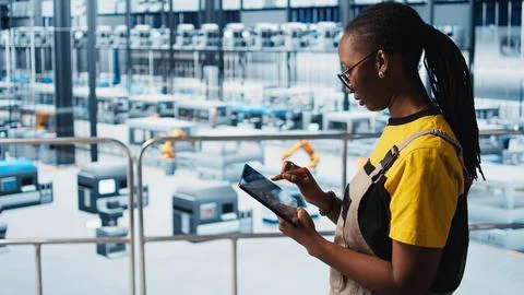 Engineer in smart factory implementing automated workflows Stock Photos