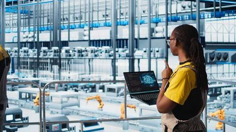 Engineer in smart factory using augmented reality to collect data on laptop Stock Photos