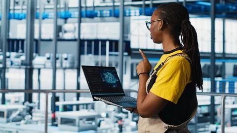 Engineer in smart factory using augmented reality to collect data on laptop Foto stock