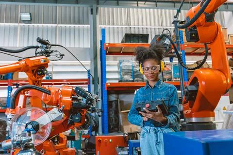 Engineer smart woman worker working programing robotic welding machine. Black 스톡 사진
