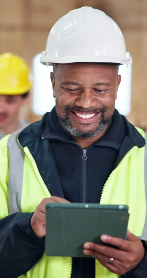 Engineer, smile and man with tablet on construction site, inspection or Stock Footage 348124455