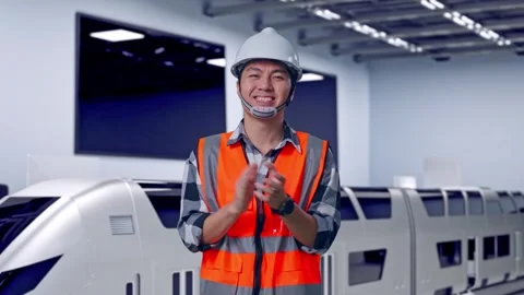 Engineer Smiling And Clapping His Hands With Train in Lab Video stock 314113193