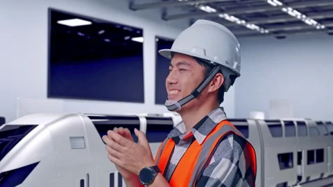 Engineer Smiling And Clapping His Hands With Train in Lab Video stock 314113356