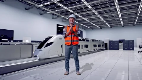 Engineer Smiling And Clapping His Hands With Train in Lab Video stock 314113738