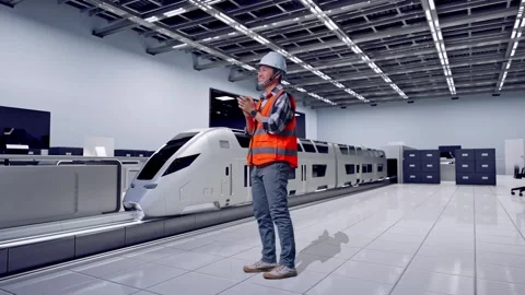 Engineer Smiling And Clapping His Hands With Train in Lab Video stock 314113984