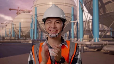 Engineer Smiling And Clapping His Hands with Spherical Tank Stock Footage 335067386