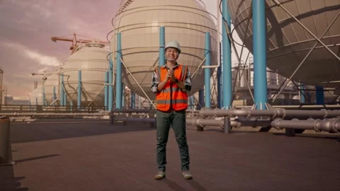 Engineer Smiling And Clapping His Hands with Spherical Tank Stock Footage 335068030