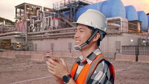 Engineer Smiling And Clapping His Hands at Gas Plant Stock Footage 337761539