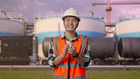 Engineer Smiling And Clapping His Hands at Oil Refinery Stock Footage 340141214