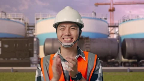 Engineer Smiling And Clapping His Hands at Oil Refinery Stock Footage 340141241