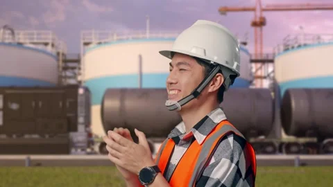 Engineer Smiling And Clapping His Hands at Oil Refinery Stock Footage 340141482