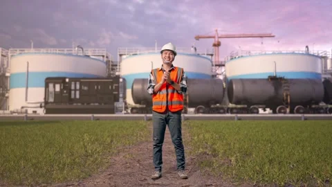 Engineer Smiling And Clapping His Hands at Oil Refinery Stock Footage 340142436