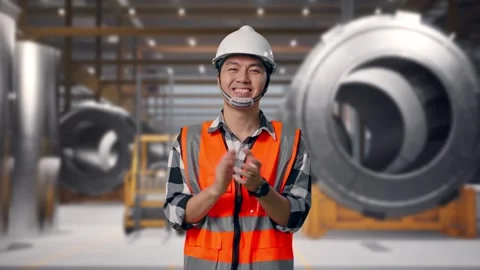 Engineer Smiling And Clapping His Hands at Heavy Factory Stock Footage 340819779