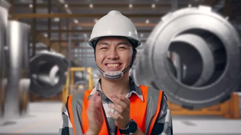 Engineer Smiling And Clapping His Hands at Heavy Factory Stock Footage 340819890