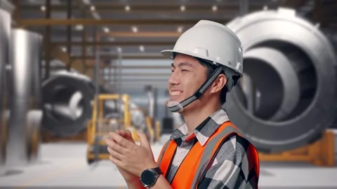 Engineer Smiling And Clapping His Hands at Heavy Factory Stock Footage 340820591