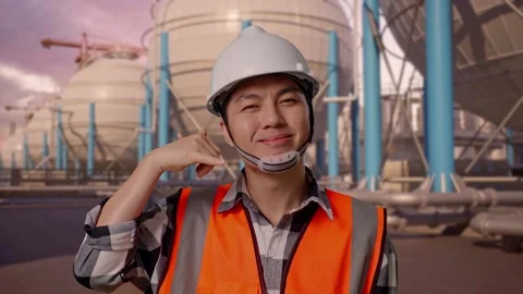 Engineer Smiling And Making Call Me Gesture with Spherical Tank Stock Footage 335067133