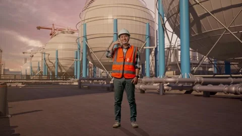 Engineer Smiling And Making Call Me Gesture with Spherical Tank Stock Footage 335067926