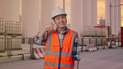 Engineer Smiling And Making Call Me Gesture at Storage Facility Stock Footage 335075950