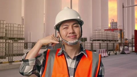 Engineer Smiling And Making Call Me Gesture at Storage Facility Stock Footage 335076657
