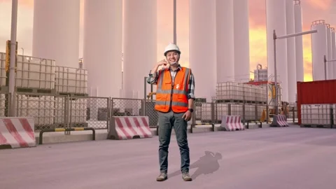 Engineer Smiling And Making Call Me Gesture at Storage Facility Stock Footage 335077590