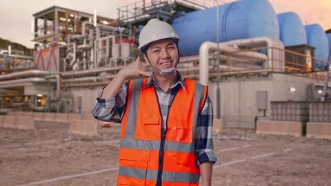 Engineer Smiling And Making Call Me Gesture at Gas Plant Stock Footage 337760254