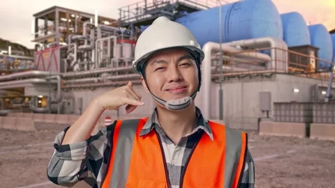 Engineer Smiling And Making Call Me Gesture at Gas Plant Stock Footage 337761124