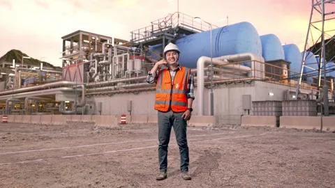 Engineer Smiling And Making Call Me Gesture at Gas Plant Stock Footage 337761770