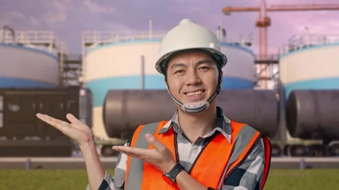 Engineer Smiling And Pointing To Side at Oil Refinery Stock Footage 340141062