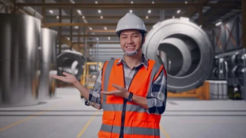 Engineer Smiling And Pointing To Side at Heavy Factory Stock Footage 340816461