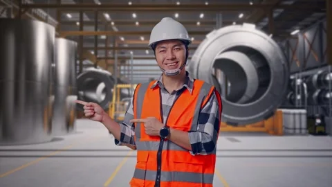 Engineer Smiling And Pointing To Side at Heavy Factory Stock Footage 340816485